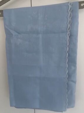 Vintage Italian Pure Linen Tablecloth Sky Blue Floral Stitch Accent New